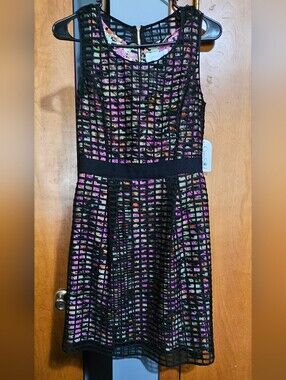 Jessica Simpson Black Grid Dress with Colorful Floral Underlay
